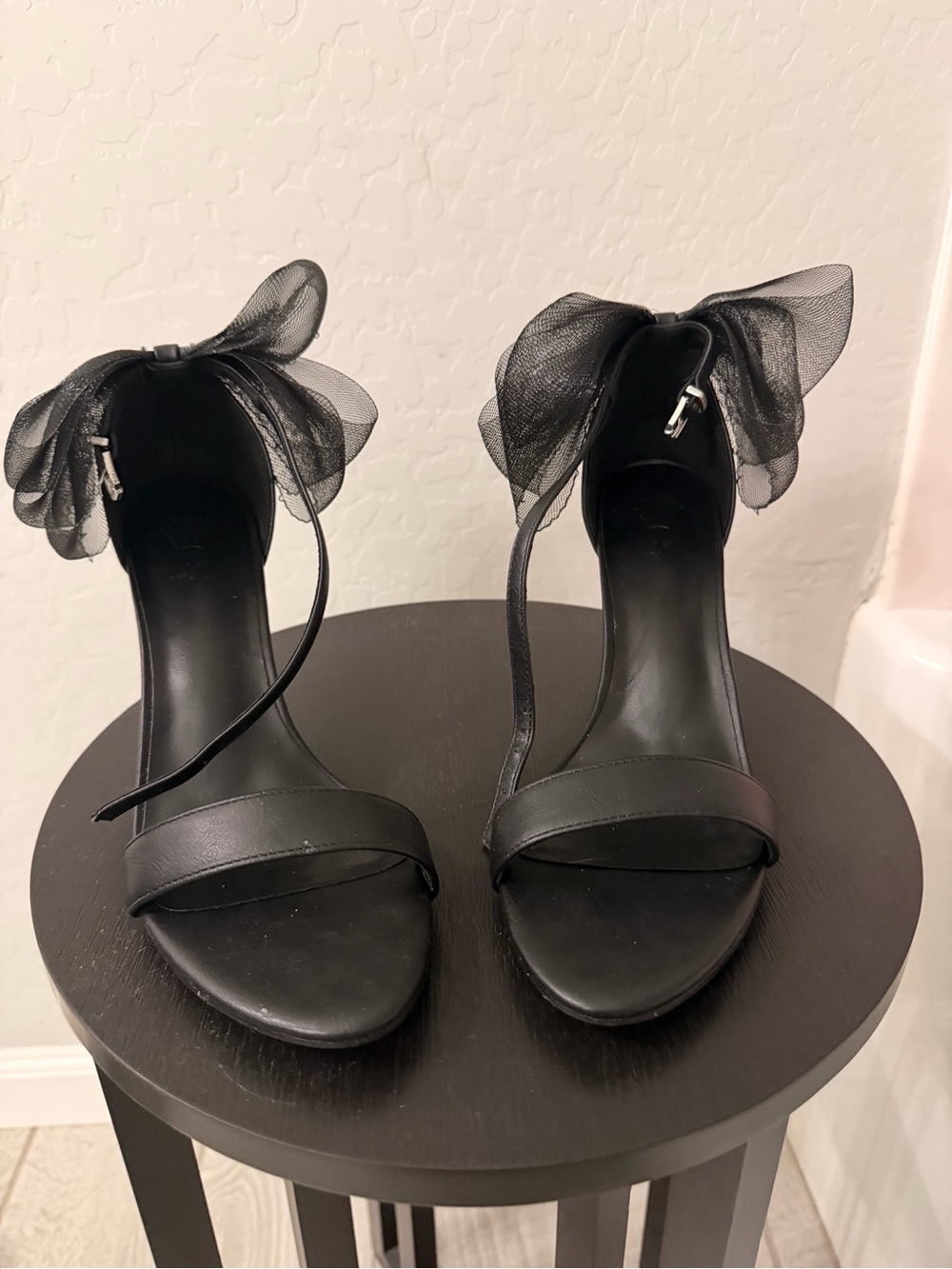 Hello Molly Black Mesh Bow Ankle-Strap Heels